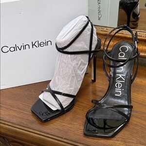 Calvin Klein Tegin High Stelleto Strappy Glossy Black Heels. Size 8.5.